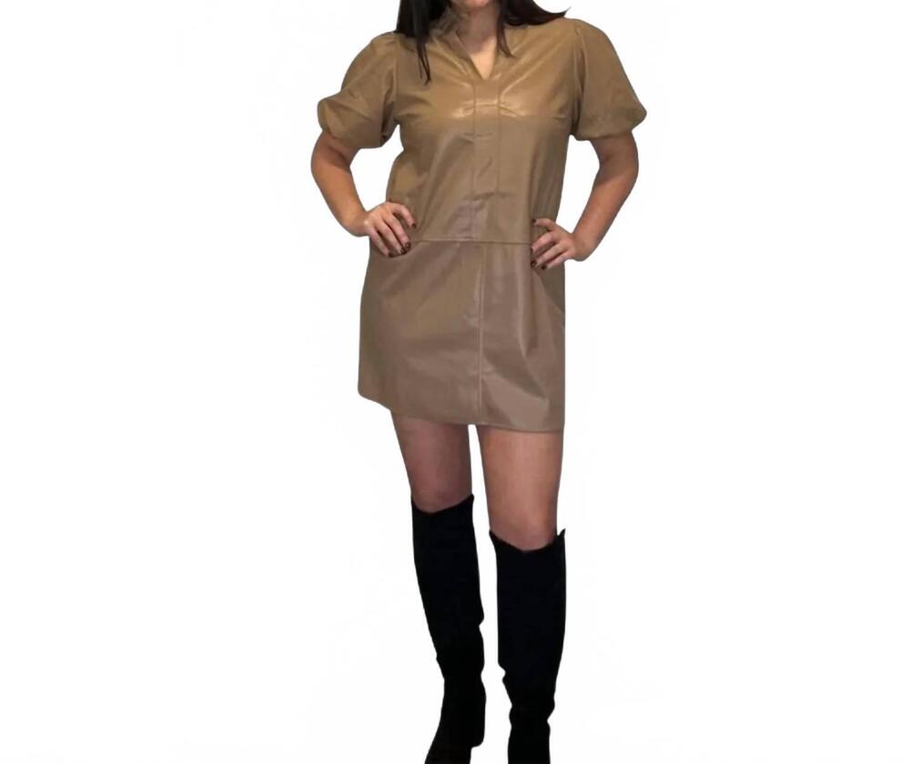 NEW THML natasha puff sleeve leather mini dress in beige